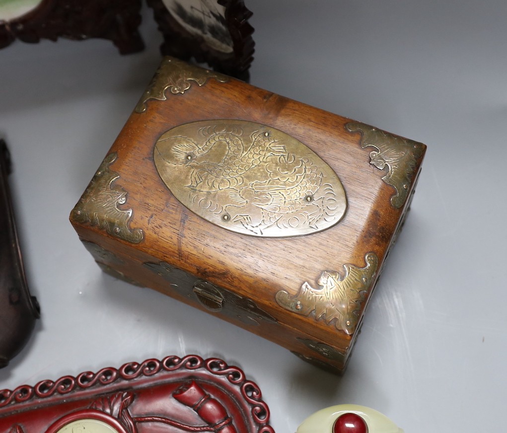 A group of Chinese wood stands, box, model chair, snuff bottle etc